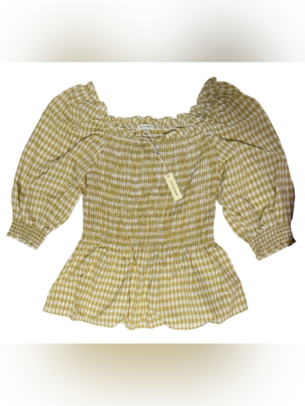Max Studio Gingham Smocked Peplum Top Puff Sleeve Square Neck NWT  Size L - Picture 3 of 13
